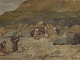 un tableau représentant un groupe de personnes sur une plage rocheuse