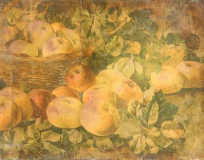 un tableau représentant des pommes et des poires dans un panier posé sur une table