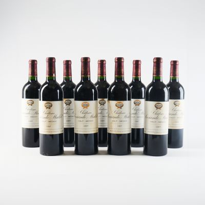 six bouteilles de vin rouge alignées sur une surface blanche