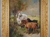painting of horses and foals in a field by a fence