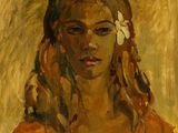 une peinture à l'huile représentant une femme avec une fleur dans les cheveux