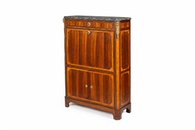 an antique wooden cabinet with marble top and two drawers
