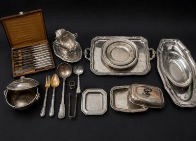 an assortment of silverware including spoons, bowls, and spoons