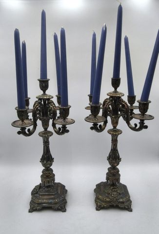 Paire de candélabres à 5 bras de lumière en métal argenté un déco...