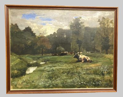 a painting of cows grazing in a field by a stream