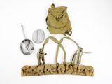 un sac à dos, une cuillère et d'autres objets disposés sur une surface blanche
