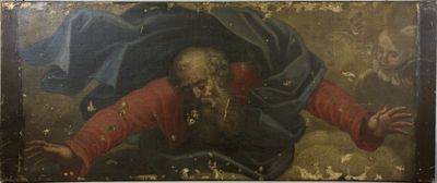 an old painting of a man with a beard and a red shirt