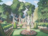 a painting of a garden with a fountain in the middle