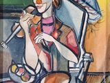 un tableau représentant une femme assise à un bureau, un micro à la main