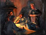 painting of a group of people sitting around a table eating food