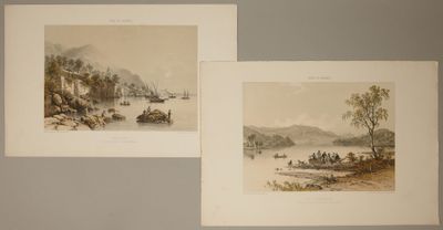 deux gravures représentant une scène fluviale avec des bateaux et des personnages sur l'eau
