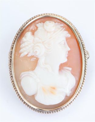 an image of a woman ' s profile in a shell cameo broochle
