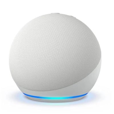 a white smart speaker with a blue light on top of it