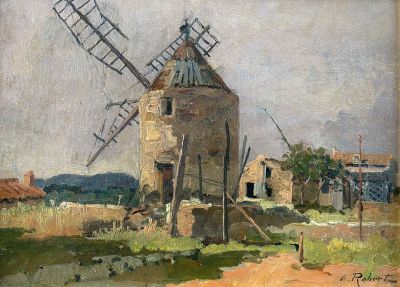 painting of a windmill in a field with a building in the background