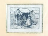 a picture of a drawing of a man and a woman in front of a tent