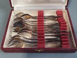 silverware in a red case on a table with a blue background