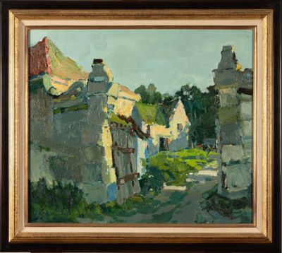 a painting of a village street with houses and trees in the background