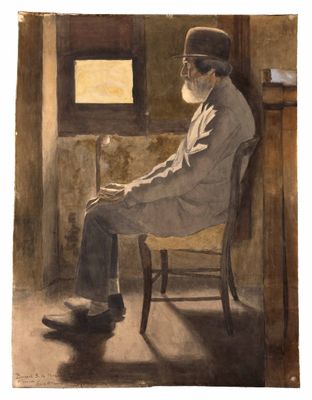 tableau représentant un homme assis sur une chaise devant une fenêtre