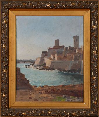 une peinture à l'huile représentant un château situé sur une falaise surplombant l'océan
