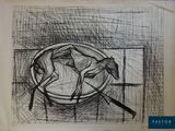 dessin représentant une assiette de nourriture posée sur une table, avec une fourchette et un couteau