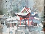 a watercolor painting of a pagoda in the snow