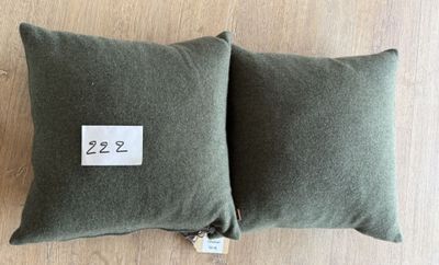 deux coussins verts, avec une étiquette de prix, posés sur un plancher en bois