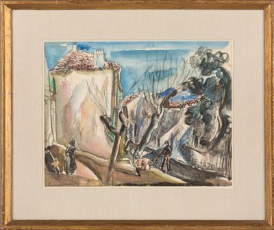 une image représentant une aquarelle d'un village avec des chevaux et des personnages