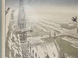 a picture of a picture of a city with birds flying over it
