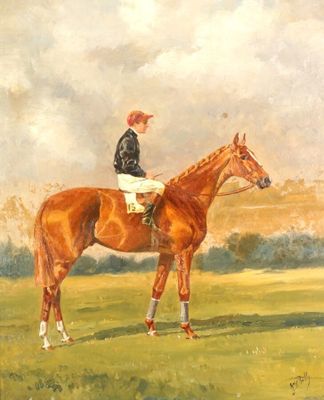une peinture représentant un homme à cheval dans un champ