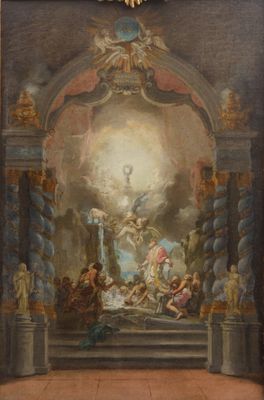 painting of a painting of a religious scene with angels and demons