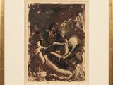 tableau représentant une femme et un chat, encadré et accroché au mur