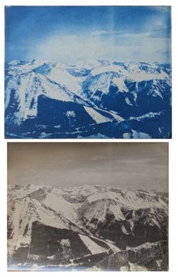 Trois photos de montagnes enneigées sont représentées sur un fond blanc
