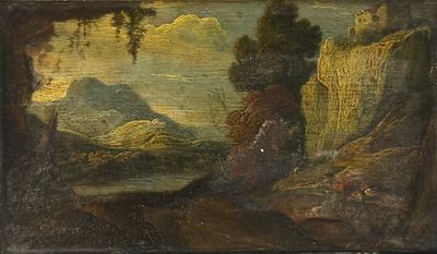 an old painting of a landscape with trees and mountains in the background