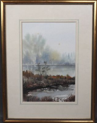 l'image d'une peinture représentant une rivière avec des arbres en arrière-plan