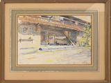 une image représentant une aquarelle d'un bâtiment, dans un cadre