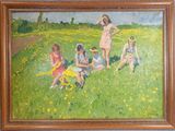 un tableau représentant un groupe d'enfants jouant dans un champ