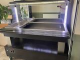 un grand comptoir métallique équipé d'un évier et sur lequel se trouve une plante en pot