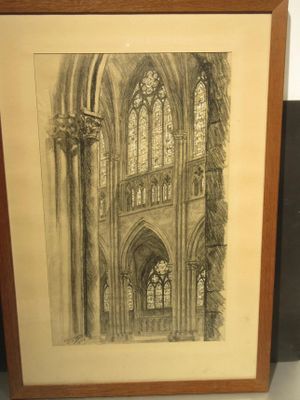 framed drawing of a gothic cathedral with stained glass windows