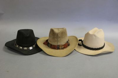 three hats are lined up in a row on a table