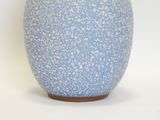 a blue and white vase sitting on a white surface