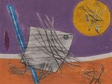 drawing of a kite with a blue handle and a purple background