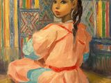 une peinture à l'huile représentant une jeune fille assise sur un tapis dans une pièce