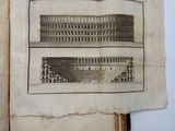 an old book with a drawing of a building and a picture of a building