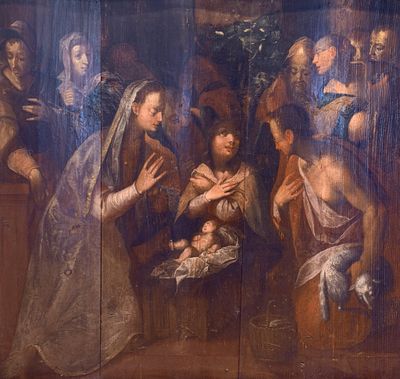 an image of a painting of a group of people surrounding a baby in a manger