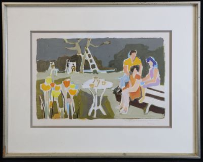 painting of a group of people sitting on a bench in a park
