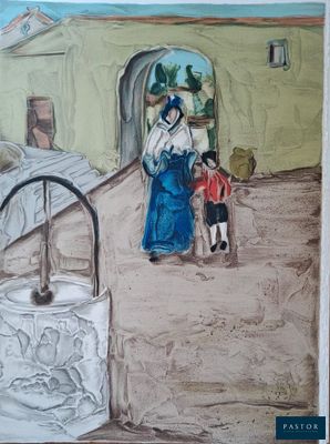 drawing of a painting of a woman and two children in front of a house