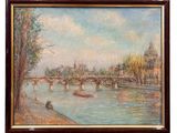 an oil painting of a bridge over a river with a boat on it