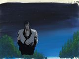 un tableau représentant un homme en smoking debout dans la neige
