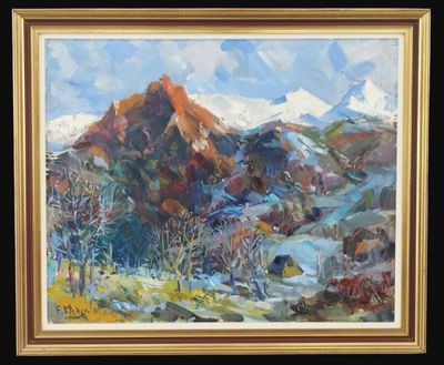 une peinture à l'huile représentant un paysage de montagne avec des arbres au premier plan
