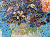 a painting of flowers in a vase on a table
